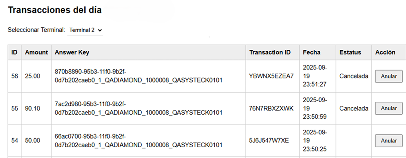 Interfaz del módulo de cancelación